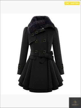 Double Breasted Faux Fur Collar Trench Coat Elegant Swing Pea Coat Winter